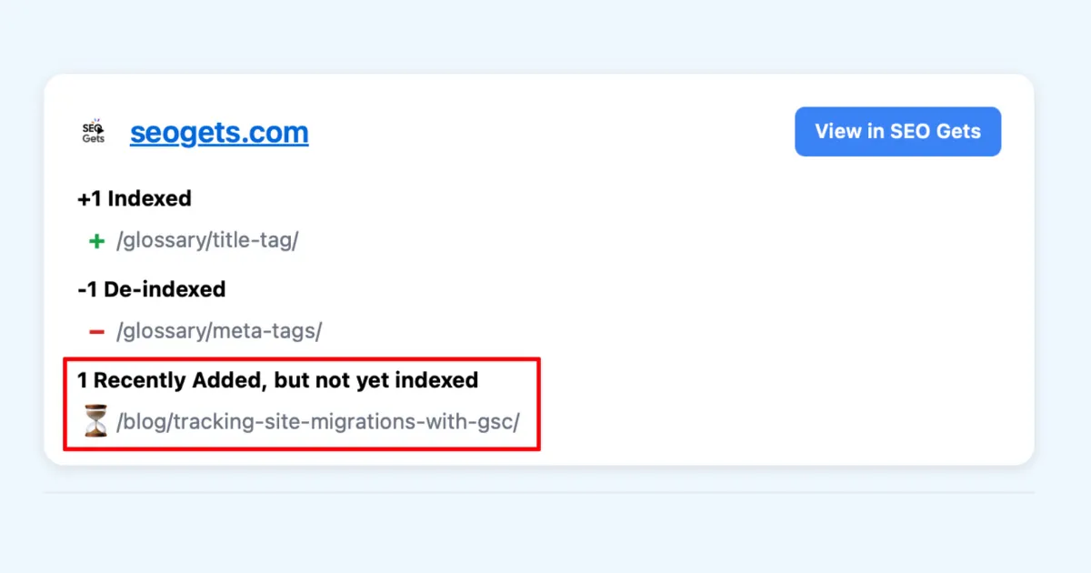 Alert for new pages that haven't been indexed