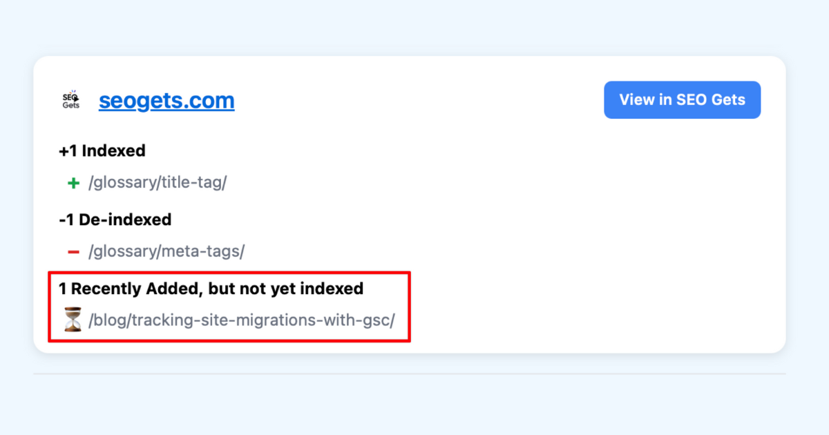 Alert for new pages that haven't been indexed